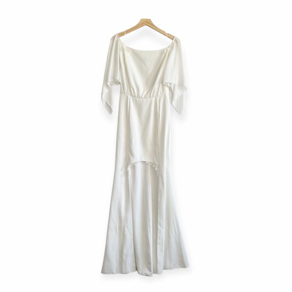 Rime Arodaky off the shoulder crepe long dress with lace trim, White, Size 38FR